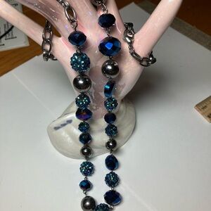 Elegant Blue and Silver Beaded Necklace with matching bracelets